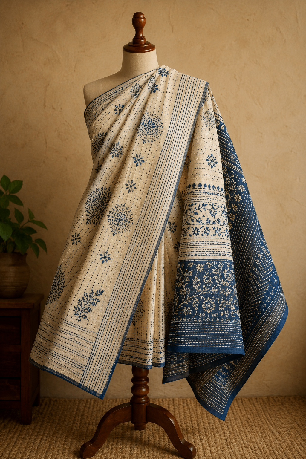 Kantha Stitch Saree in ivory with blue handwork