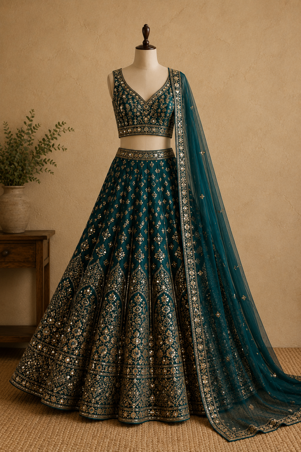 Lehenga Set in deep teal with ornate embroidery