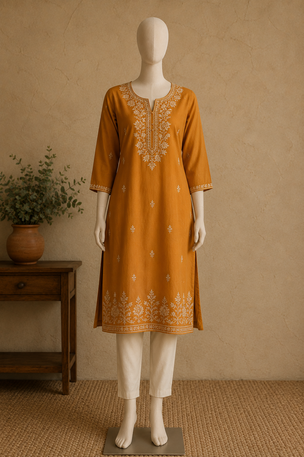 Embroidered Kurti in mustard with white threadwork