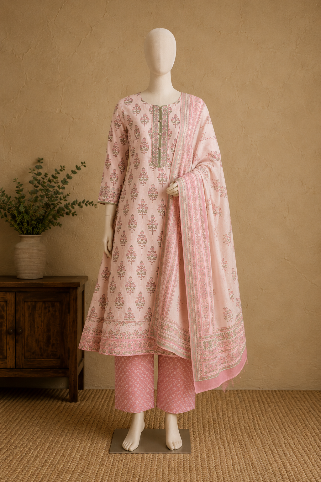 Cotton Salwar Set in blush pink with printed dupatta