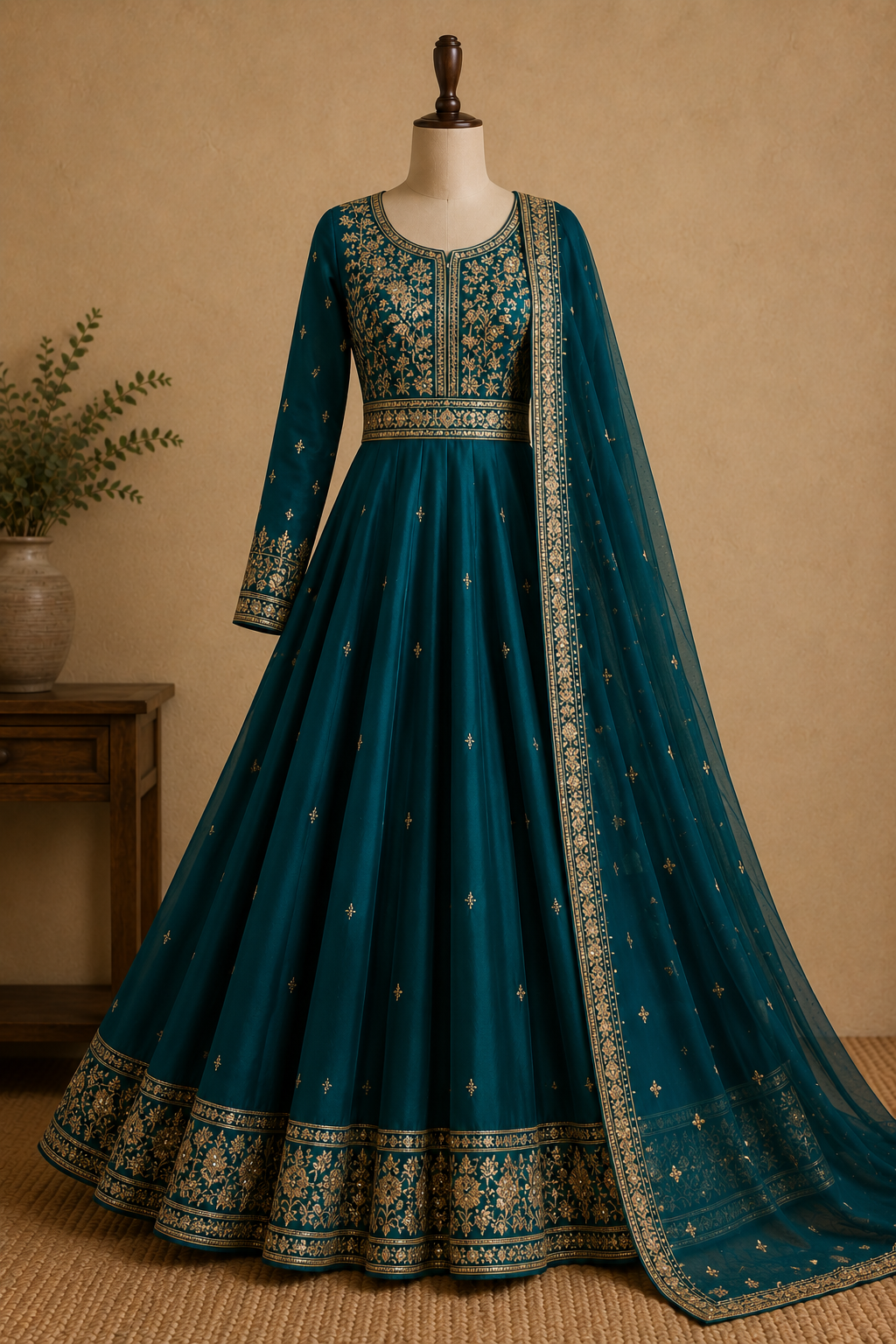Anarkali Suit in deep teal with embroidered dupatta